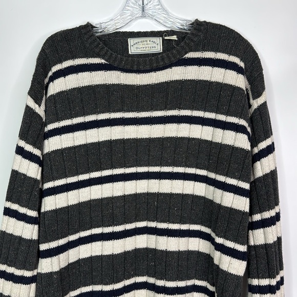 Vintage American Eagle Gray Navy Striped Crewneck Knit Sweater Size Large - Picture 2 of 8